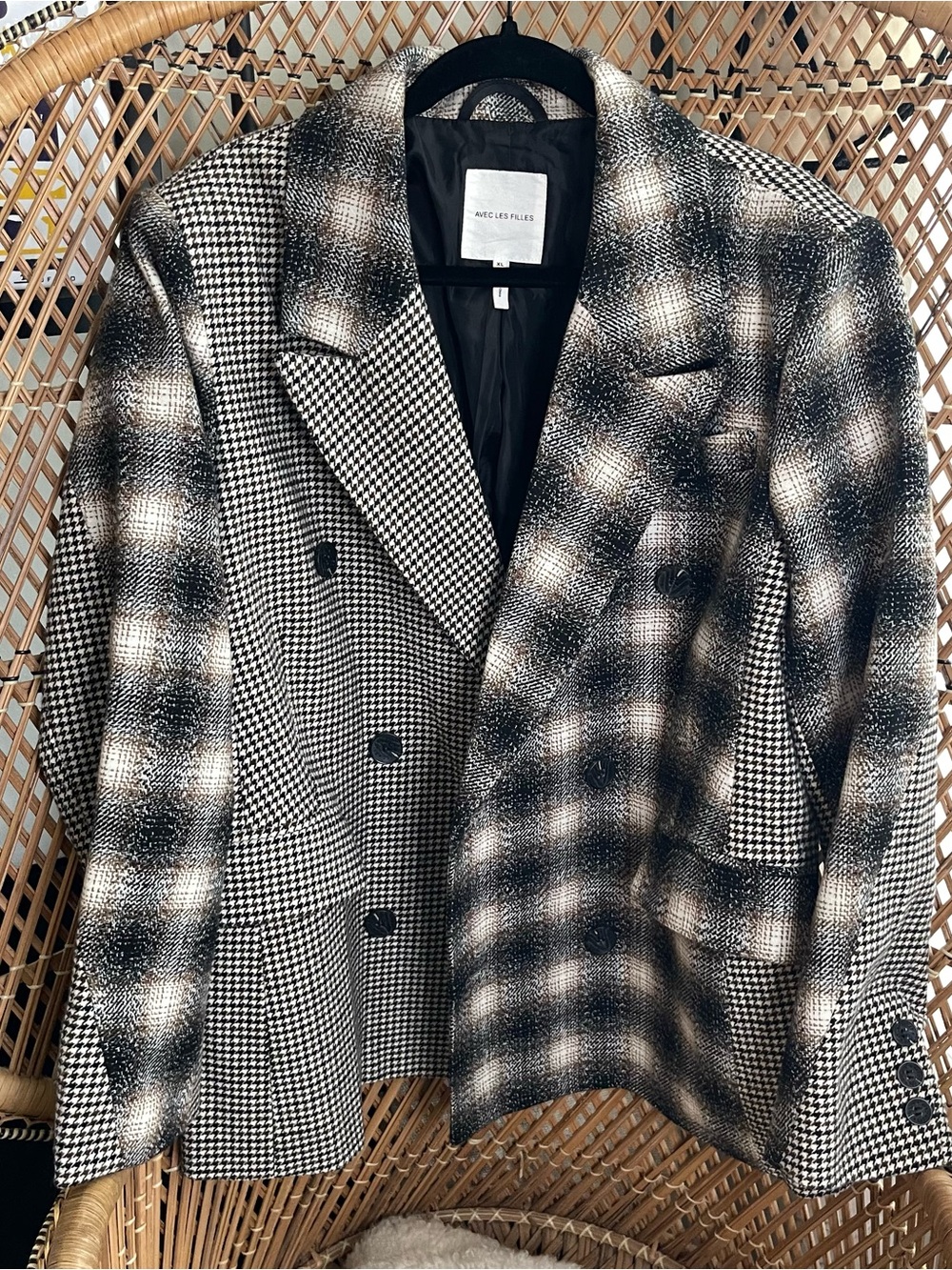 Avec Les Filles Black, White & Cream Mixed Plaid Double-Breasted Blazer
